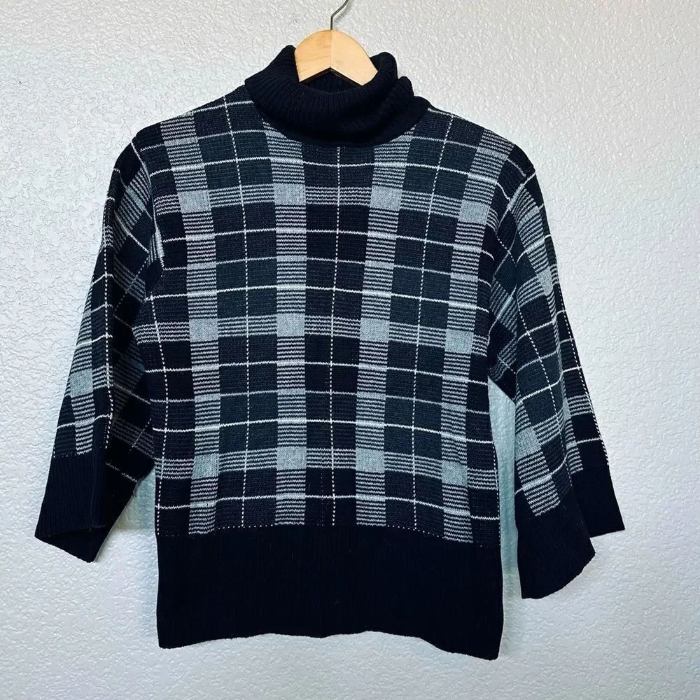 Plaid Black White Oversize Sleeve Thick Cotton Sweater M